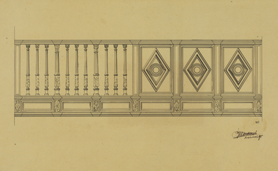 214588 Interieur van de Buurkerk te Utrecht: afbeelding van de orgelgalerij, bestaande uit pilasters en panelen. N.B. ...